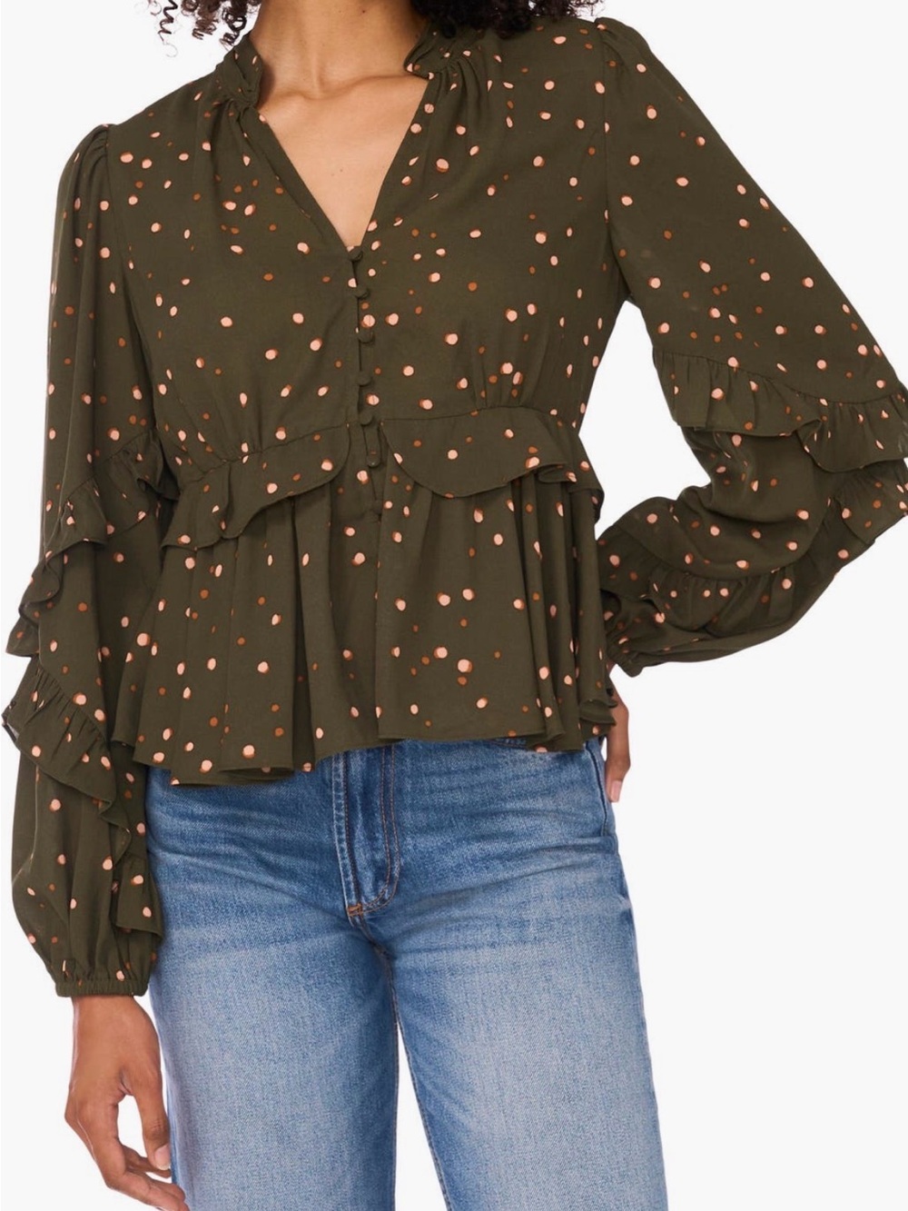 Ted Baker Olive Green Blouse with Peach Polka Dots